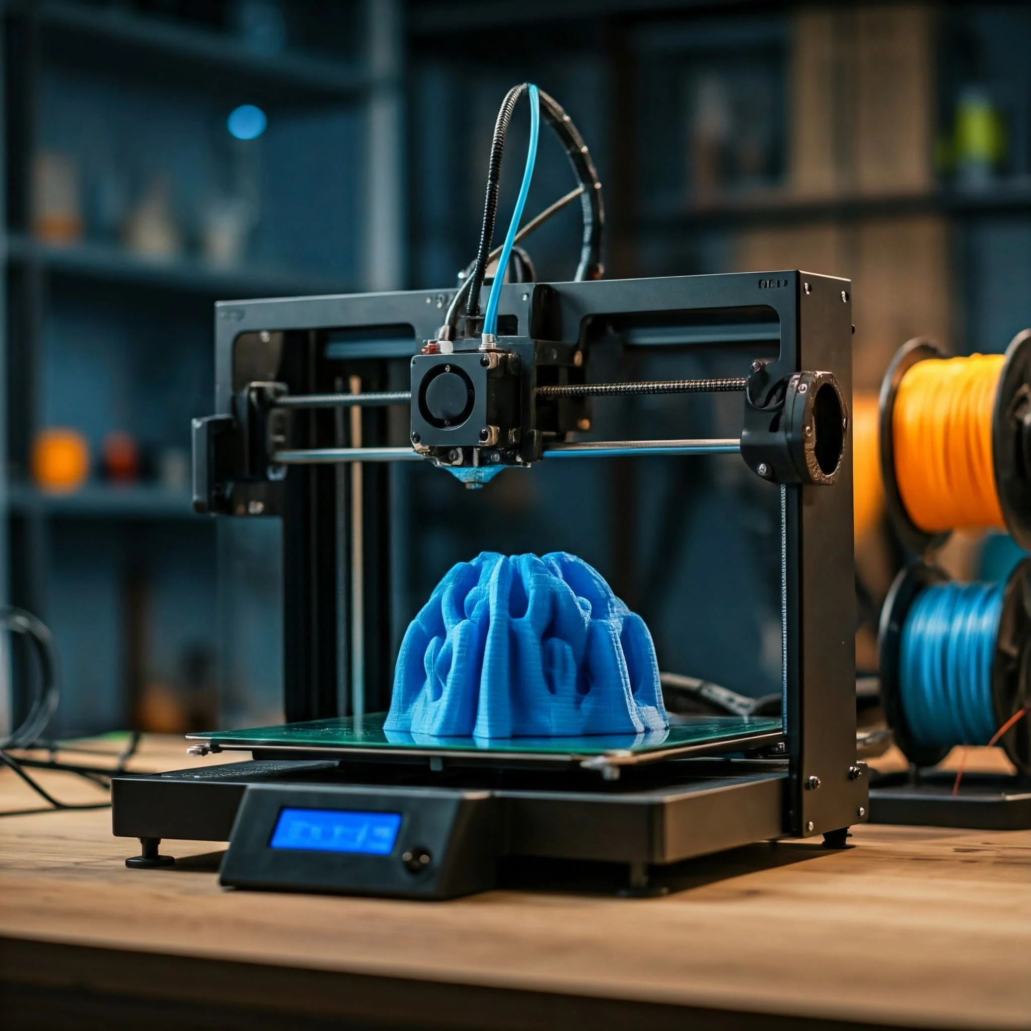 Imprimante 3D moderne en action avec des bobines de filaments colorés, illustrant la technologie de l'impression 3D dans un atelier de fabrication.