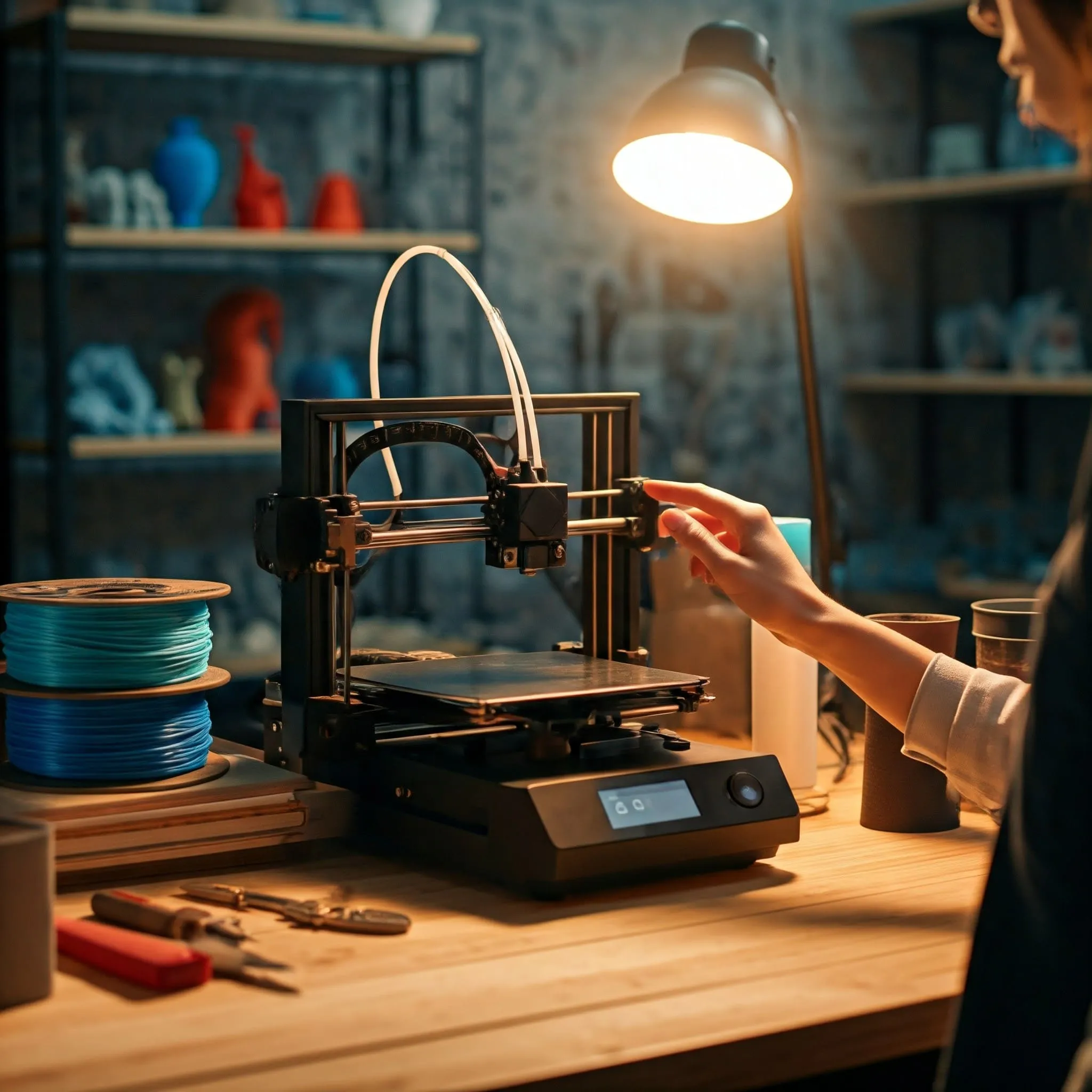 Un atelier d'impression 3D bien organisé avec une imprimante moderne en fonctionnement, des bobines de filament colorées et des outils de finition disposés soigneusement.