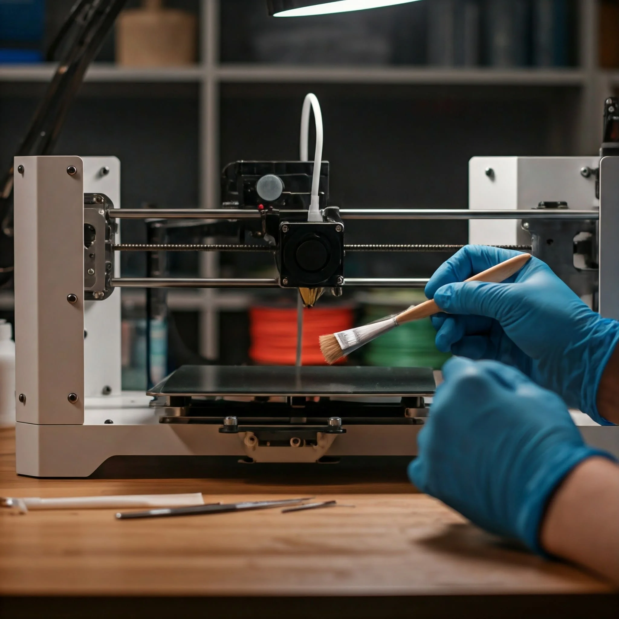 Main nettoyant la buse d'une imprimante 3D avec des outils de précision, entourée de produits de nettoyage et de bobines de filament dans un atelier bien organisé.