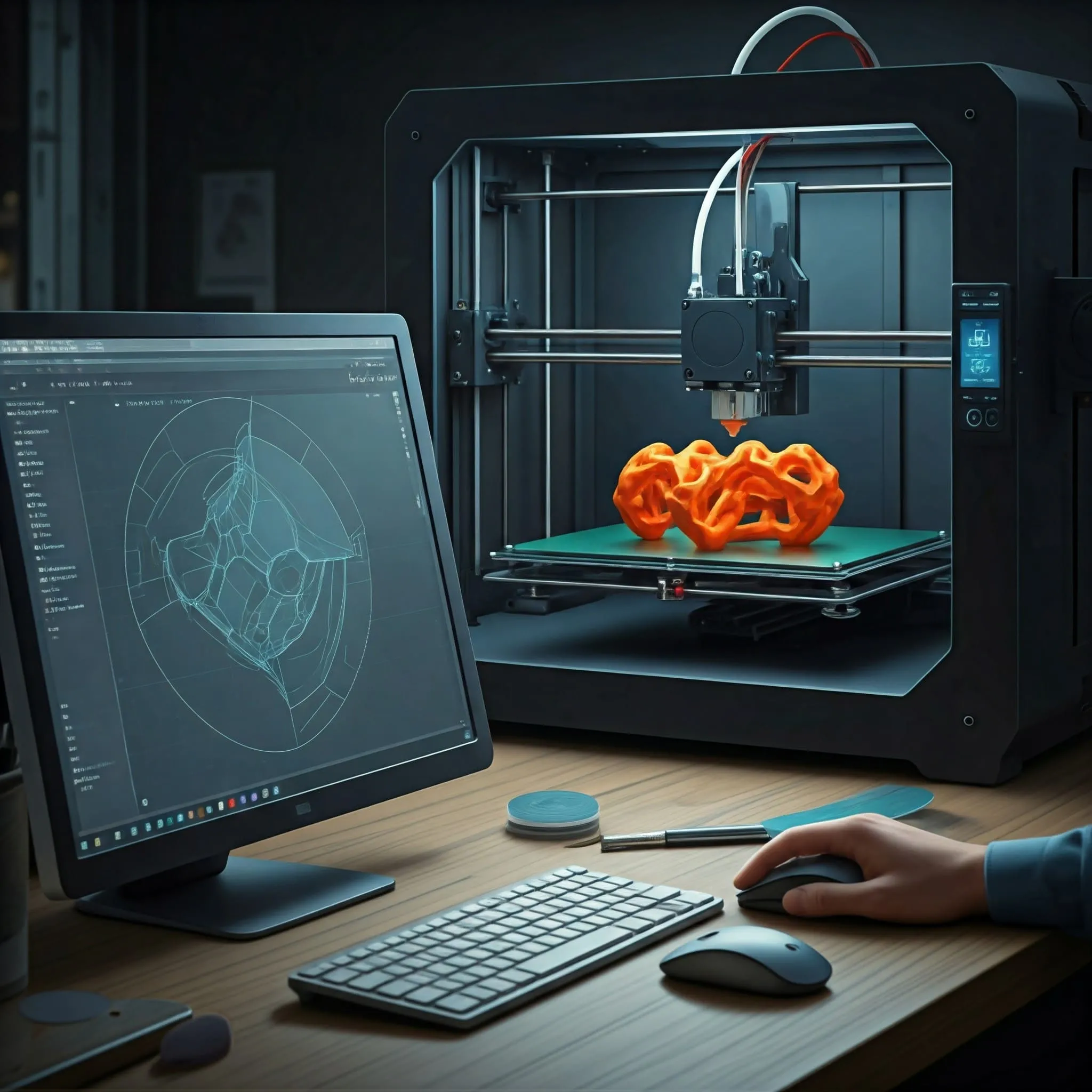 Illustration des étapes clés pour utiliser une imprimante 3D, incluant la préparation du modèle, l’impression en cours et le post-traitement, dans un environnement de travail moderne.